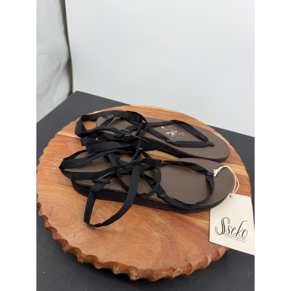 Sseko‎ Ribbon Sandals Womens Size 6 Brown Black Ankle Wrap Lace Up Flat Platform